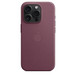 iPhone 15 Pro FineWoven Case with MagSafe in Mulberry, embedded Apple logo in centre, attached to iPhone 15 Pro Black Titanium finish, seen through camera cut-out.
