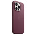 Angled side and back view of iPhone 15 Pro FineWoven Case with MagSafe in Mulberry, aluminium Side button, embedded Apple logo on centre back, attached to iPhone 15 Pro White Titanium finish, seen through camera cut-out.