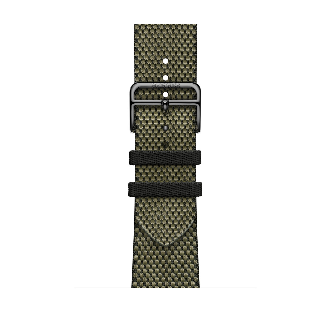 Vert (green) and Noir (black) Toile H Single Tour strap, showing Apple Watch face and digital crown.