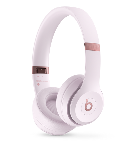 Imagem angulada do lado direito dos fones de ouvido Beats Solo 4 em rosa crepúsculo.