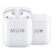 Front view of AirPods (2nd generation) in an open Charging Case with engraving, next to a closed Charging Case with engraving. 