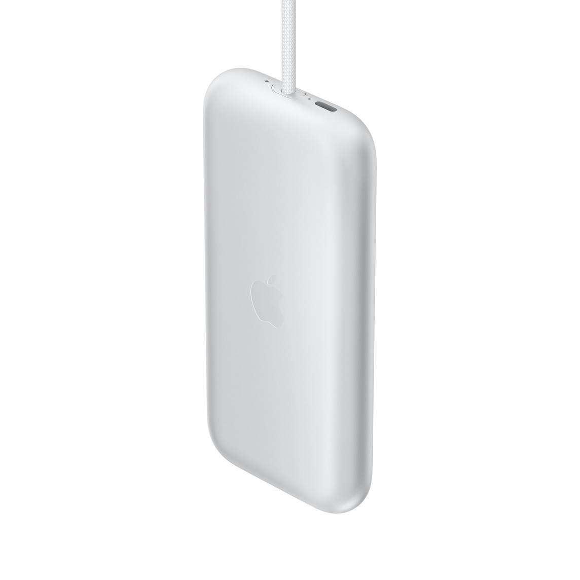Apple Vision Pro Battery with Apple Logo, rectangular shape, rounded corners, straight sides, LED indicators next to the built-in cable and USB-C port