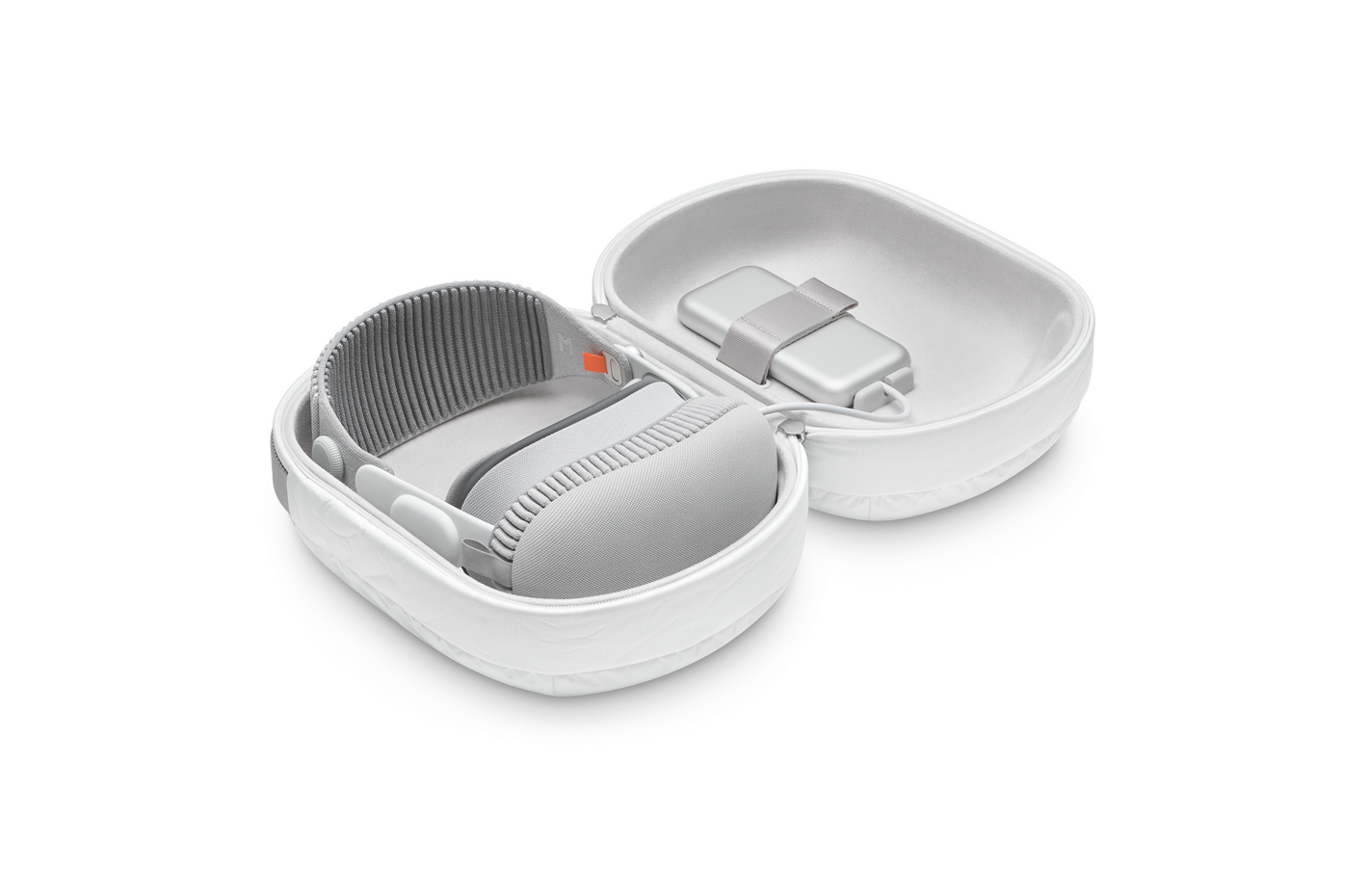 Interior, open oval Travel Case containing Apple Vision Pro assembled with Solo Knit Band, gray cover, Battery and Power Cable secured by strap