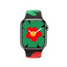 Apple Watch Series 9 avec le bracelet sport Black Unity Floraison Unité. Le cadran montre une fleur rouge à cœur jaune superposée sur une fleur verte de plus grande taille dont les pétales dépassent du cadran. Les aiguilles des heures et des minutes sont blanches.