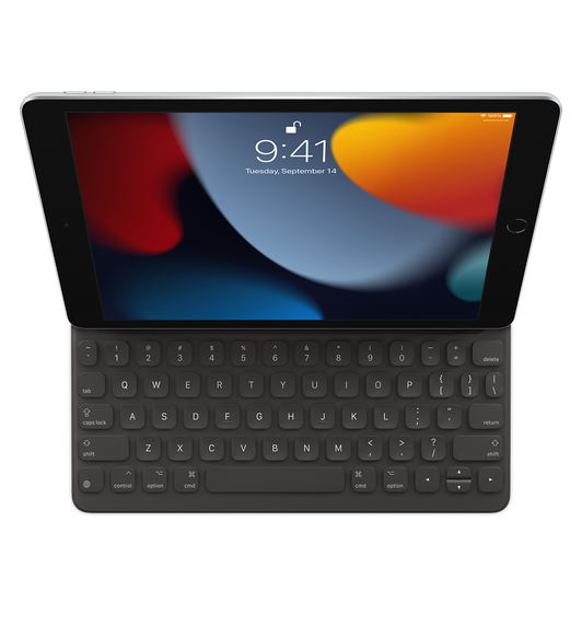 Top-down view of Smart Keyboard for iPad (9th generation), connected to iPad.