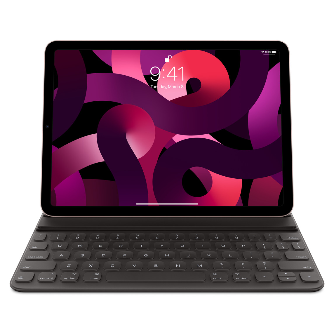 Vista frontal del iPad Pro de 11 pulgadas gris espacial con el Smart Keyboard Folio negro conectado. Pantalla del iPad que muestra una imagen colorida.