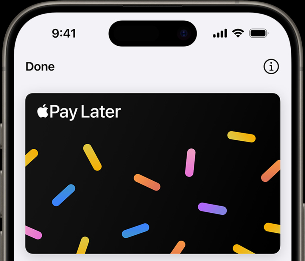 An iPhone displaying the Apple Pay Later card in the Wallet app, card design shows solid ovals of blue, purple, pink, yellow, and orange sprinkled on a black background