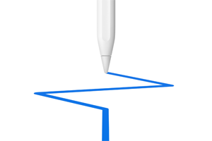Pointe d’un Apple Pencil, trace une mince ligne bleue très courbée