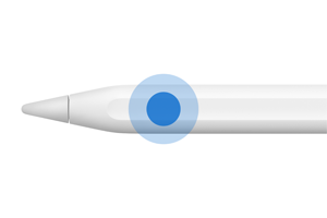 Apple Pencil e uma forma circular concêntrica que destaca a área sensível ao toque próxima à ponta.