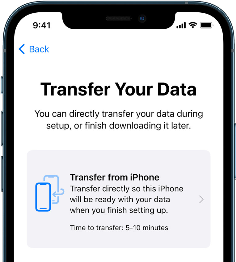 iPhone device showing Transfer Your Data setup screen with option to transfer data directly from one iPhone to another