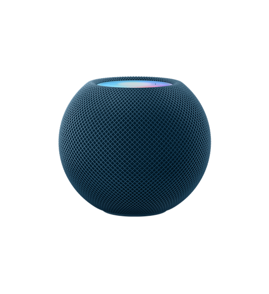 Vista frontal del HomePod mini azul.