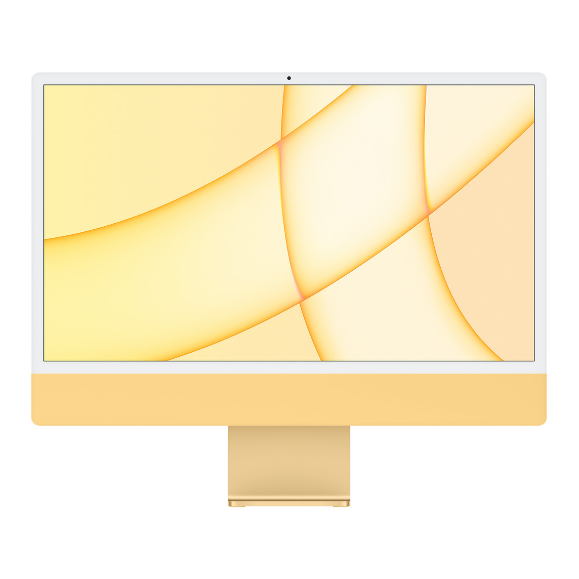 iMac, front exterior, white display border, yellow exterior and aluminium stand