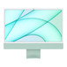 iMac, front exterior, white display border, green exterior and aluminum stand