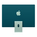 iMac vert, vue arrière, logo Apple centré, d’une couleur plusieurs tons plus clairs que celle du boîtier, ouverture pour câble sur le pied, ports USB-C et Thunderbolt en bas à gauche, bouton d’alimentation en bas à droite