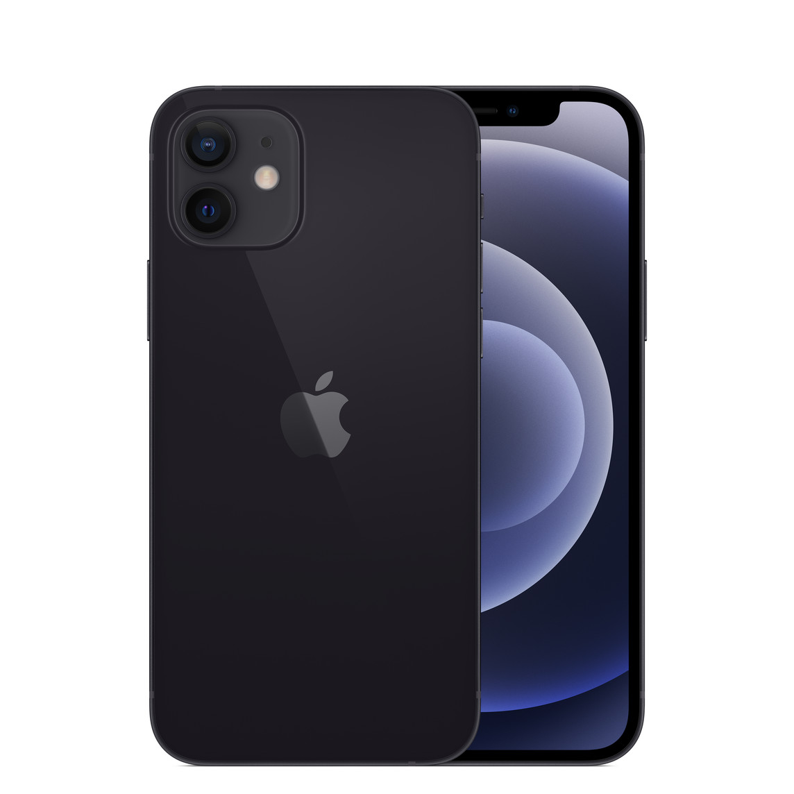 Back, black iPhone 12, Dual camera system with True Tone flash, microphone. Front, all-screen display
