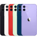 iPhone 12 devices, black, white, red, green, blue, purple, dual camera system, centred Apple logo