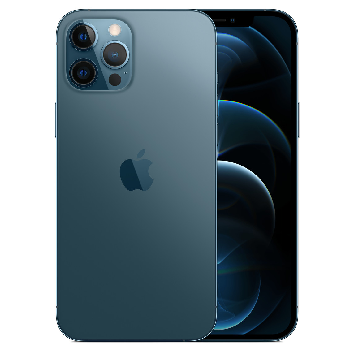 Back, blue iPhone 12 Pro Max, Pro camera system with True Tone flash, microphone. Front, all-screen display