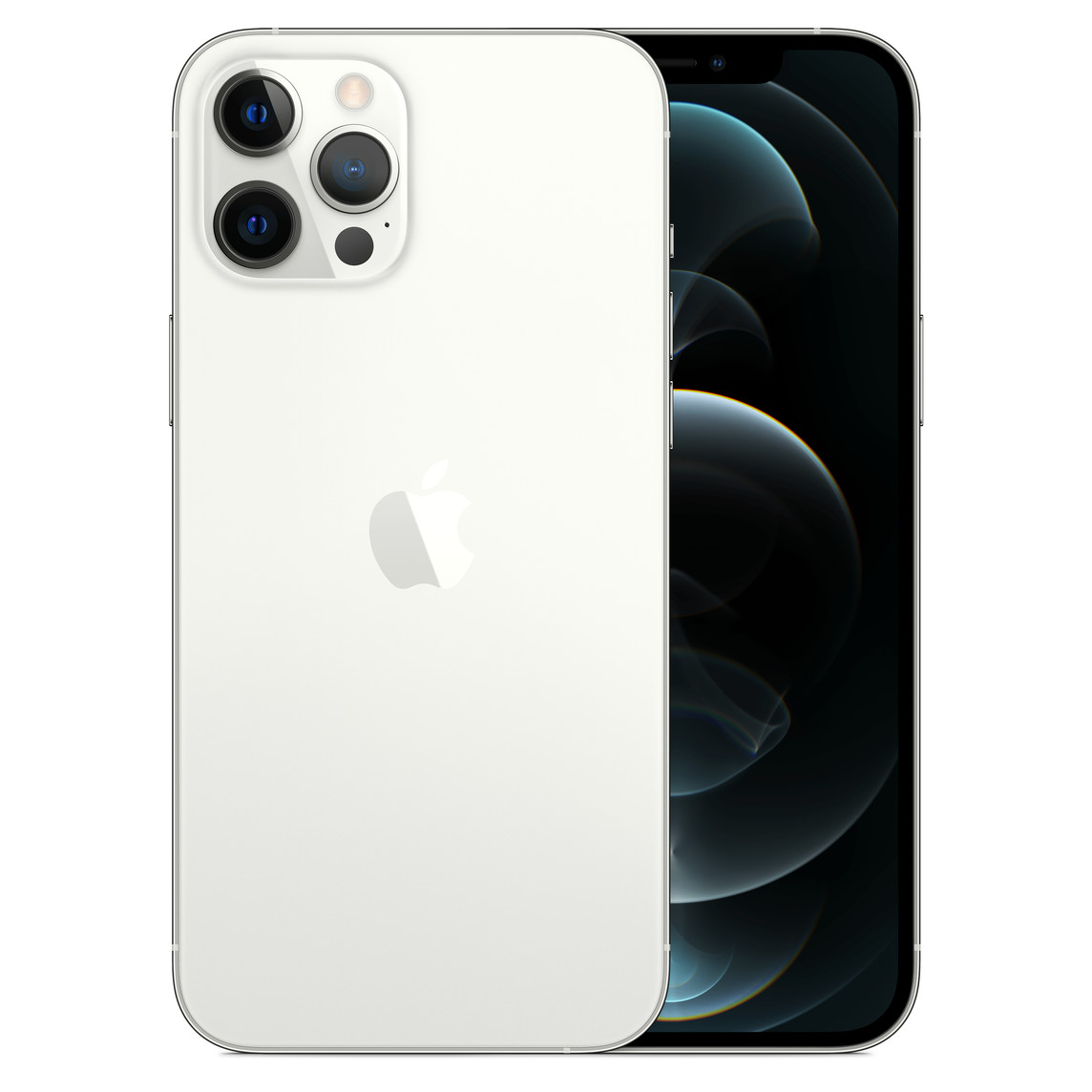 iPhone 12 Pro Max argent, système caméra Pro avec flash True Tone, scanneur lidar, microphone, logo Apple centré et écran intégral sur l’avant.