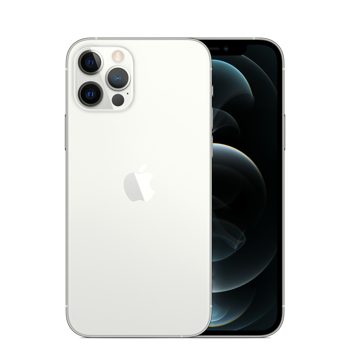 Silver iPhone 12 Pro, Pro camera system with True Tone flash, lidar, microphone, centered Apple logo, front, all-screen display
