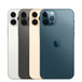 iPhone 12 Pro devices, silver, black, gold, blue, Pro camera system with True Tone flash, centred Apple logo