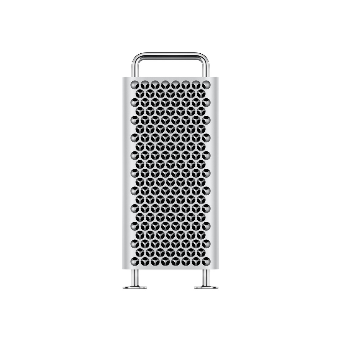 Mac Pro tower, front, rounded handle, top to bottom spherical lattice ventilation pattern, an internal and external spherical array