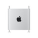 Mac Pro tower, side, aluminium enclosure, centred black Apple logo, stainless steel feet and top handles