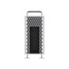 Mac Pro tower, rear, available ports, six Thunderbolt, two USB-A, two HDMI, two Ethernet, headphone jack, power socket, spherical lattice enclosure exhaust vents, stainless steel top handle and feet