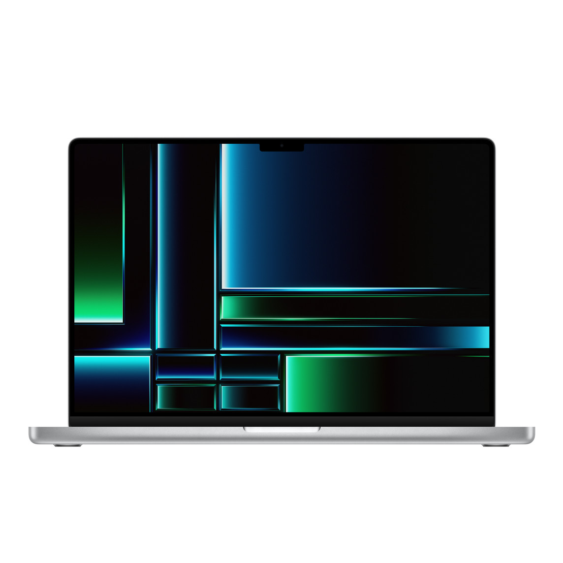 MacBook Pro 16 pouces, ouvert, écran, bordure mince, caméra FaceTime HD, pieds surélevés, coins arrondis, argent