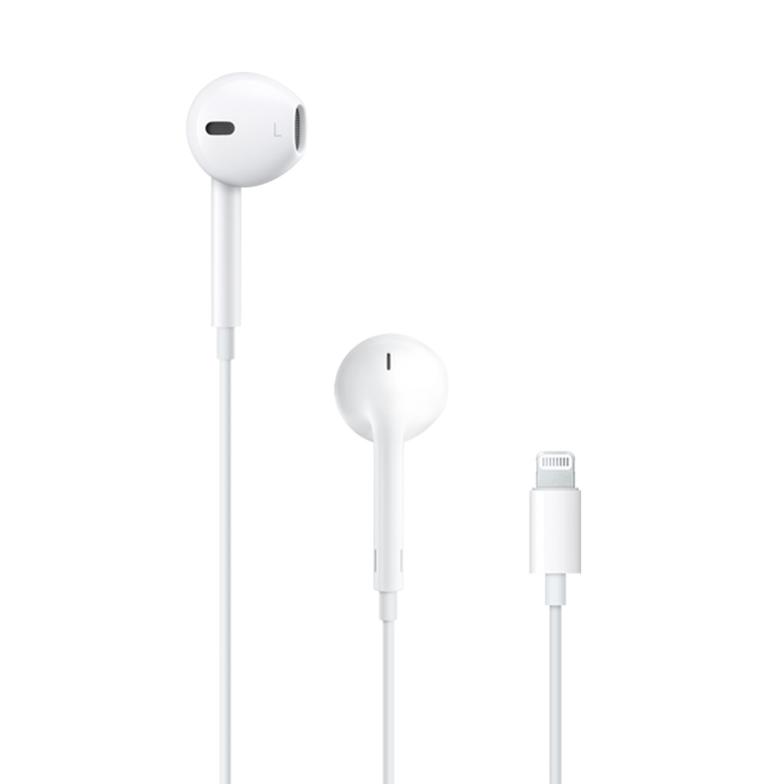 EarPods with Lightning Connectorの側面、背面、およびプラグ。