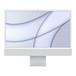 iMac、前面の外観、スクリーンを囲む白いふち、シルバーの外観とアルミニウム製スタンド