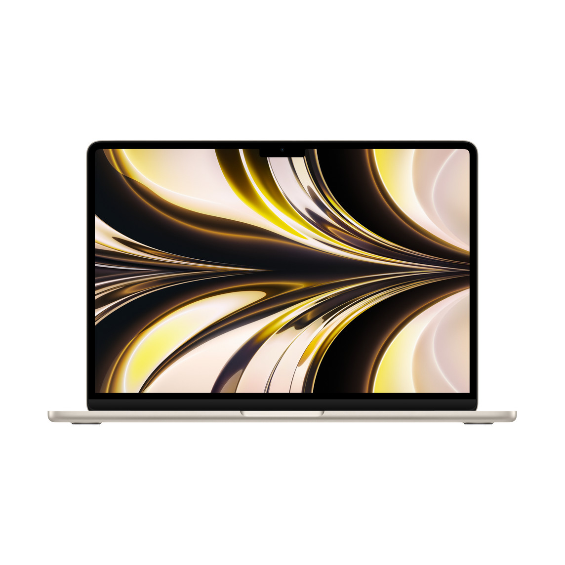 MacBook Air、開いた状態、薄いベゼル、FaceTime HDカメラ、厚みのある脚、丸みを帯びたエッジ、スターライト