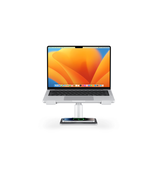 Twelve South HiRise Pro Adjustable Stand에 MacBook을 열어서 올려두고, 그 아래에서는 iPhone을 충전 중인 모습.