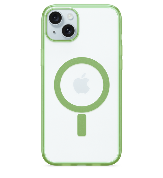 透明 iPhone 護殼 Otterbox Lumen Series 包覆著 iPhone 15 Plus，並展示精心配色的 Apple MagSafe 圓環。