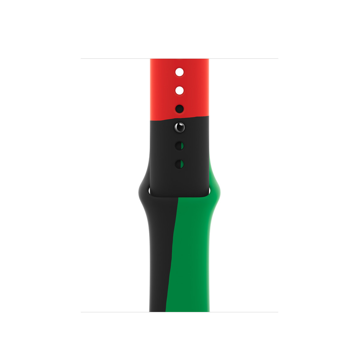 Black Unity (紅色、黑色與綠色) 運動型錶帶，展示滑順的氟橡膠材質搭配按插式錶扣。