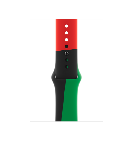 Black Unity (紅色、黑色與綠色) 運動型錶帶，展示滑順的氟橡膠材質搭配按插式錶扣。