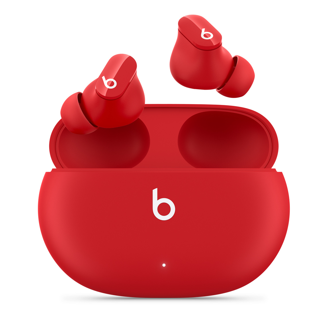 Beats Studio Buds True Wireless Noise Cancelling Earphones in Red, with the Beats logo, above convenient charging case.