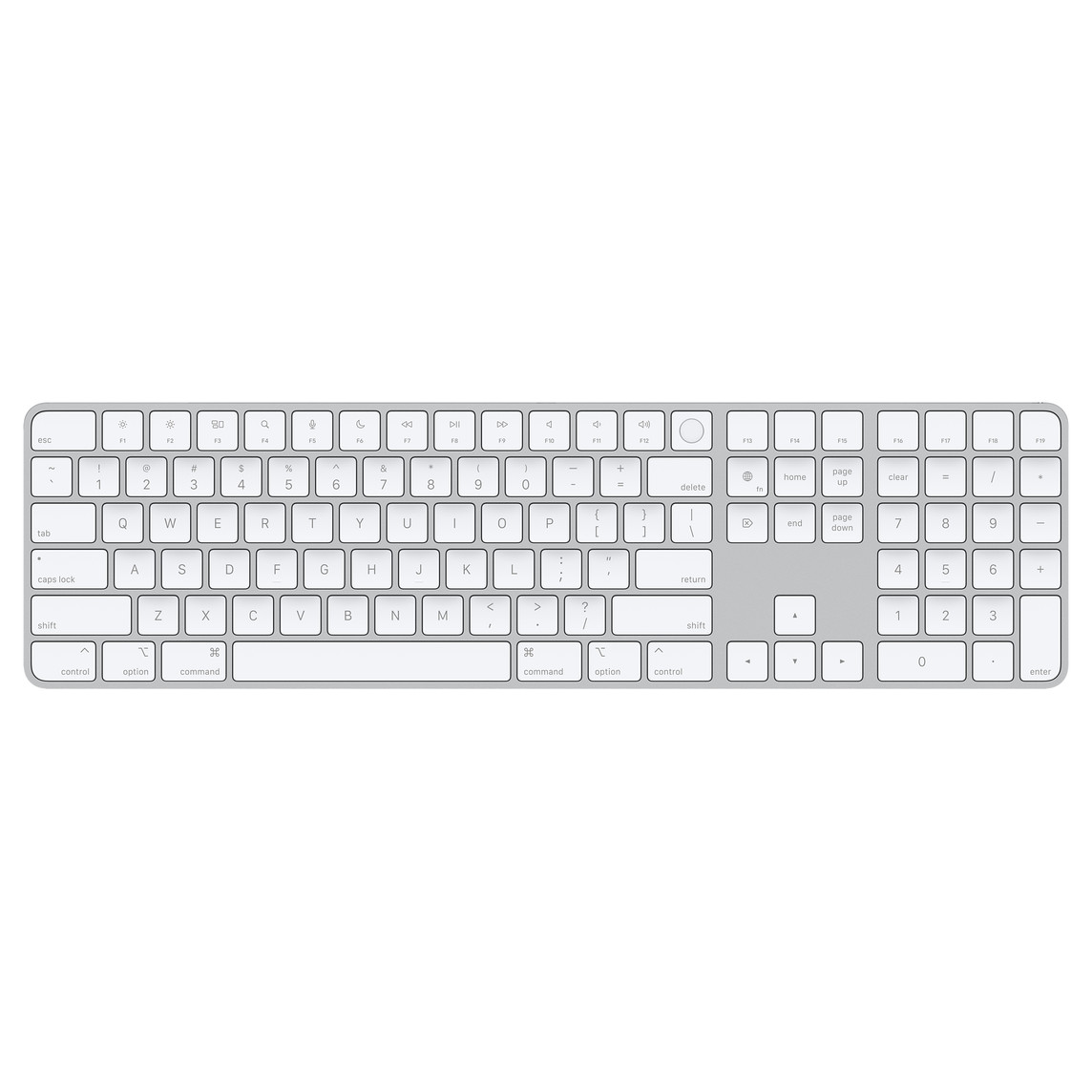 Bàn phím Magic Keyboard có Numeric Keypad màu trắng, nổi bật với bố cục phím mũi tên hình chữ T đảo ngược, 6 cụm phím điều hướng gồm phím Globe/fn, phím Delete, phím Home, phím End, phím Page Up và Page Down