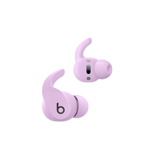紫石晶色 Beats Fit Pro 真無線耳塞展示耳機上的操控按鈕，可用來管理通話和控制音樂。 