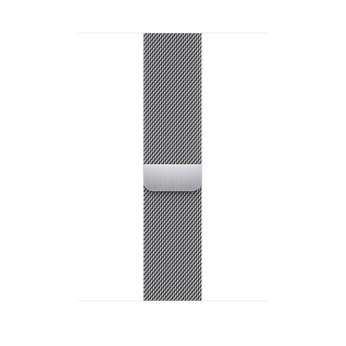 银色米兰尼斯表带，展示抛光不锈钢织网和磁性搭扣。