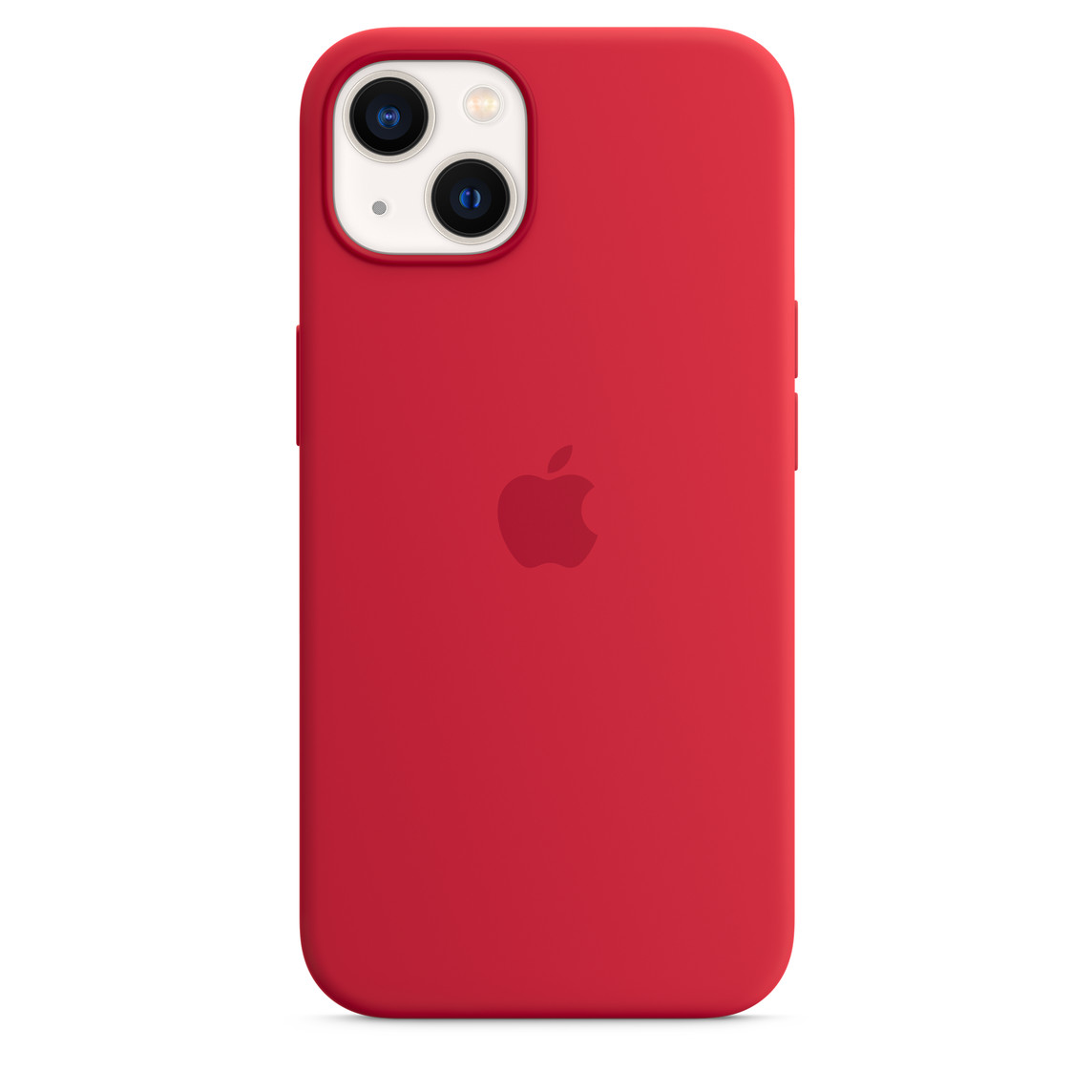 紅色 iPhone 13 MagSafe 矽膠保護殼，搭配石墨色 iPhone 13