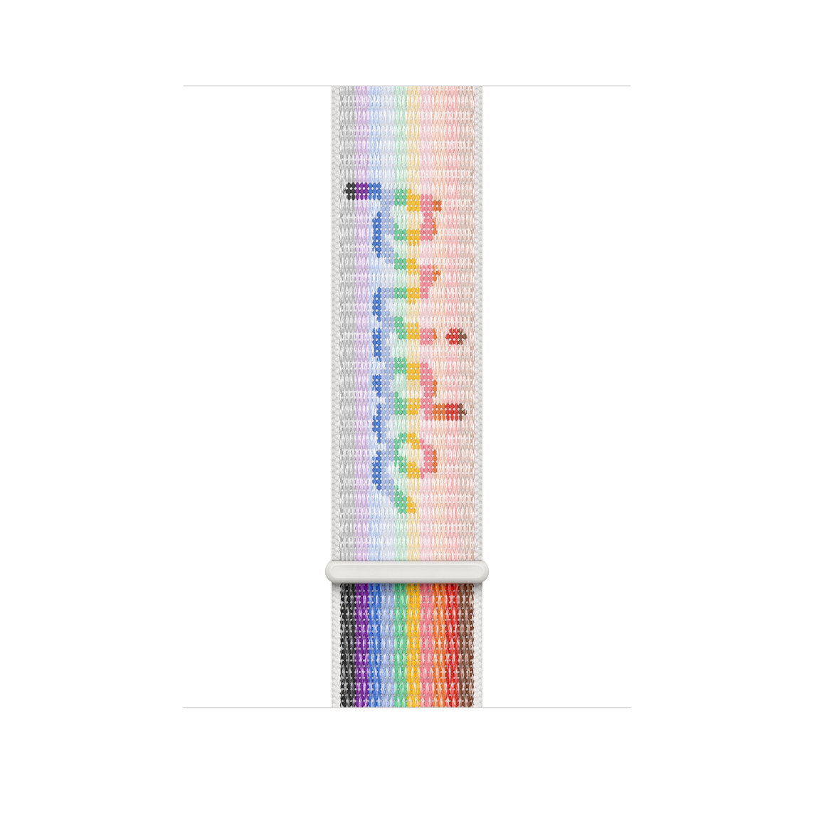彩虹版回环式运动表带，展示配有彩虹色条纹和手写体“pride”字样的精织尼龙材质以及回环式扣件。