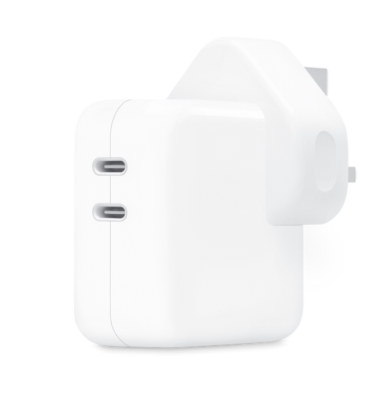 The 35-watt Dual USB-C Port Power Adapter allows you to charge two devices at the same time.