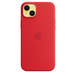 iPhone 14 Plus 紅色 MagSafe 矽膠保護殼，搭配黃色 iPhone 14 Plus。