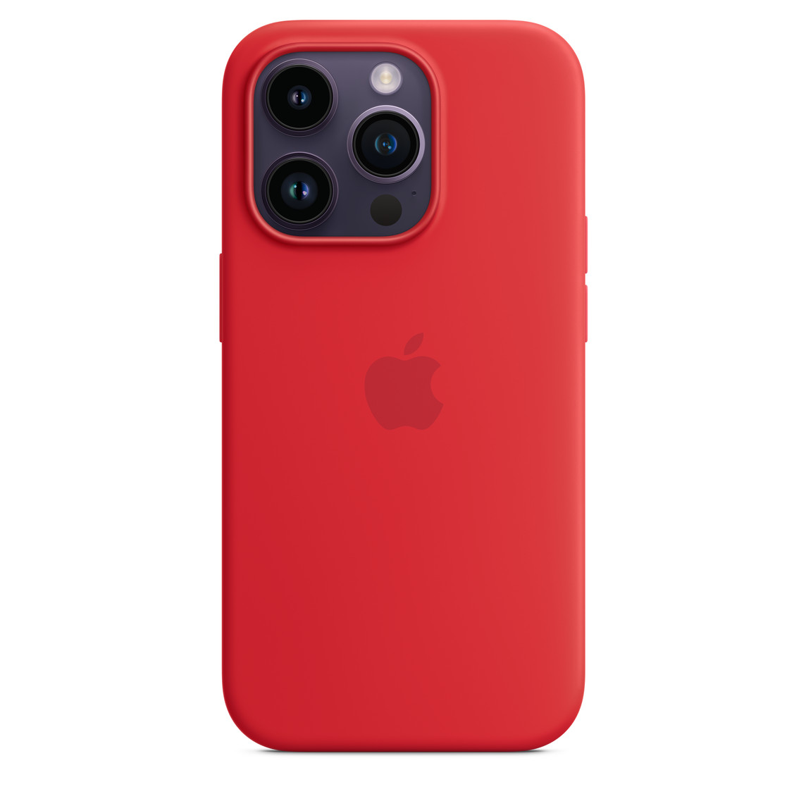 (PRODUCT)RED iPhone 14 Pro MagSafe 矽膠保護殼，搭配深紫色 iPhone 14 Pro