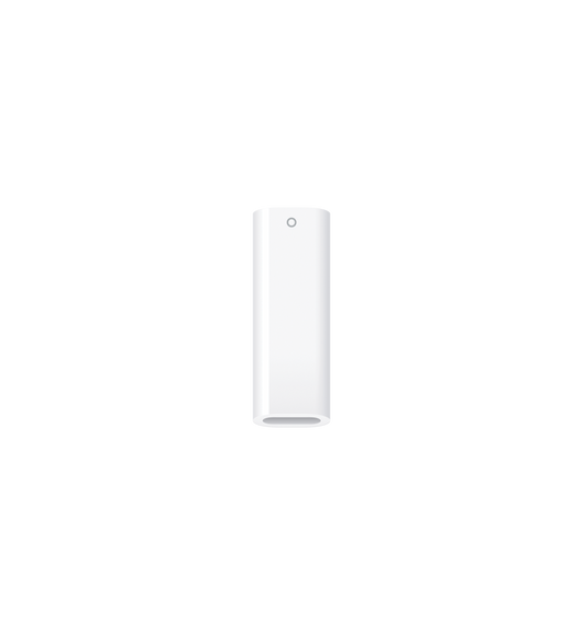 白色转换器的正面视图，底部为 USB-C 插槽，顶部的开口用于连接第一代 Apple Pencil。