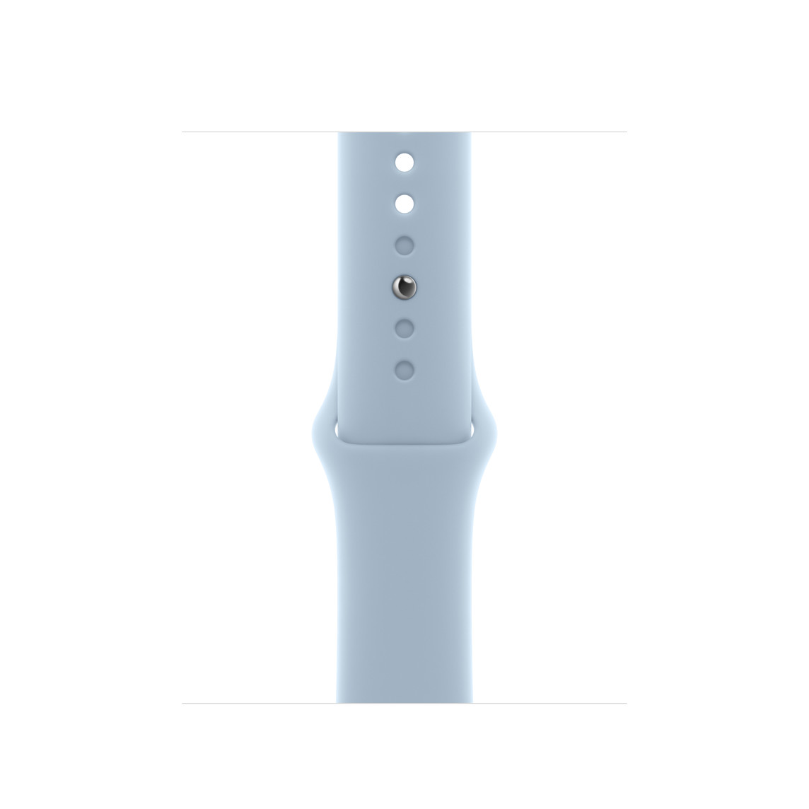 浅蓝色运动型表带，展示顺滑的氟橡胶材质和按扣加收拢式表扣。