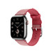 Framboise/Écru (pink) Toile H Single Tour band, showing Apple Watch face and digital crown.
