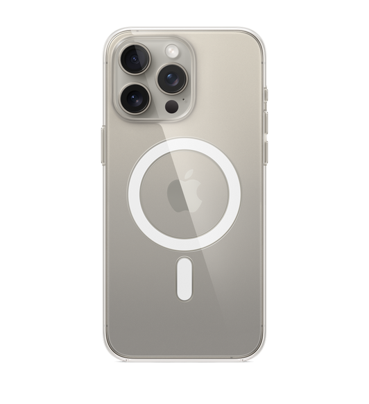 iPhone 15 Pro Max 专用 MagSafe 透明保护壳，安装在原色钛金属的 iPhone 15 Pro Max 上。