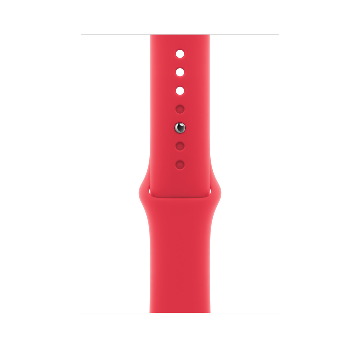 红色运动型表带，展示顺滑的氟橡胶材质和按扣加收拢式表扣。