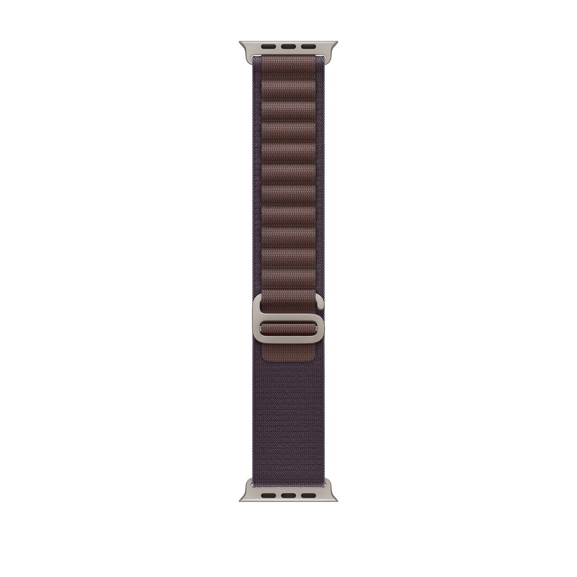 靛蓝色高山回环式表带，展示双层精编织物材质、环扣和钛金属 G 式表扣。
